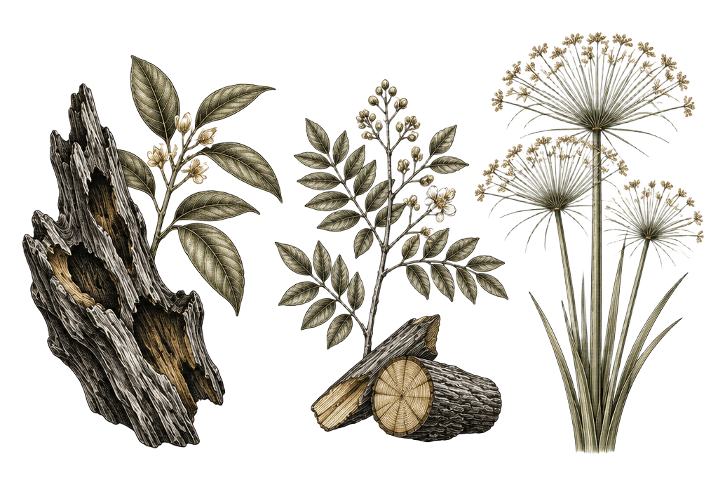 Botanical drawing of oud wood, amyris, and papyrus