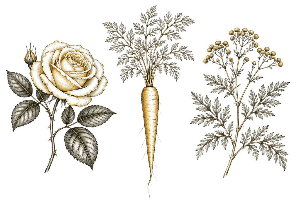 Botanical drawing of rose, carrot, and davana