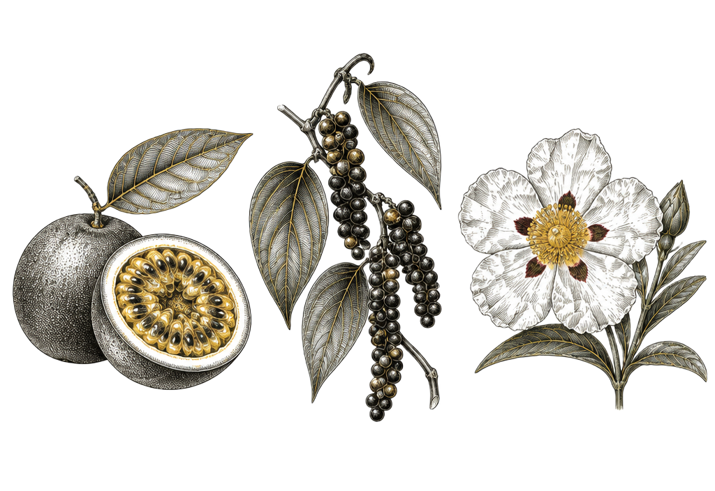 Botanical drawing of passion fruit, black pepper, and cistus